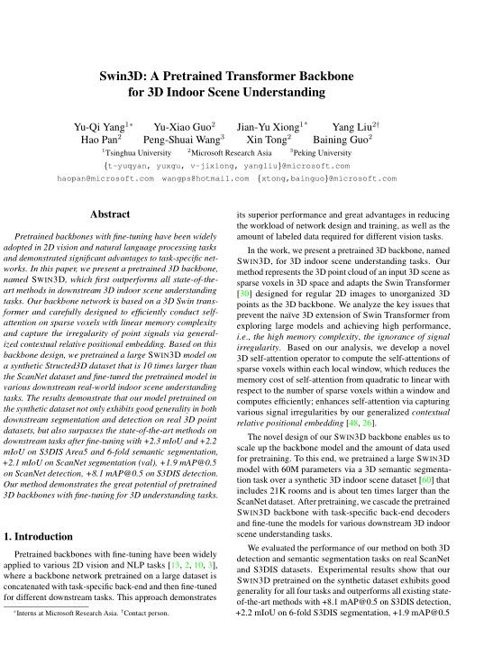 Swin3D：一個(gè)用于3D室內(nèi)場(chǎng)景理解的預(yù)先訓(xùn)練的Transformer主干  PDF 下載 圖1