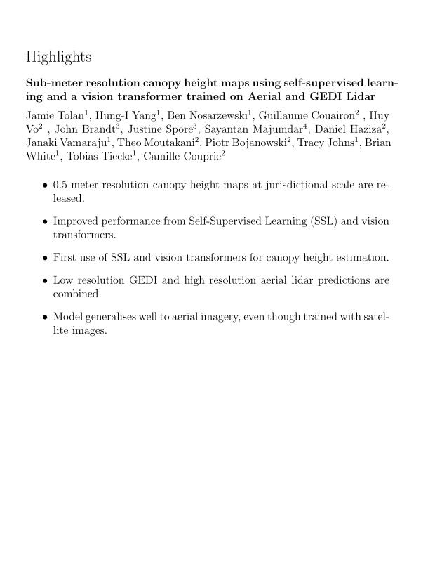 使用自我監(jiān)督學(xué)習(xí)的亞米分辨率冠層高度圖和用于航空和GEDI激光雷達(dá)訓(xùn)練的視覺(jué)轉(zhuǎn)換器 圖1